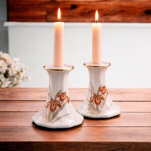 Porcelain White Candlesticks With Peach and Rust Iris flowers And Gilding. Set 2